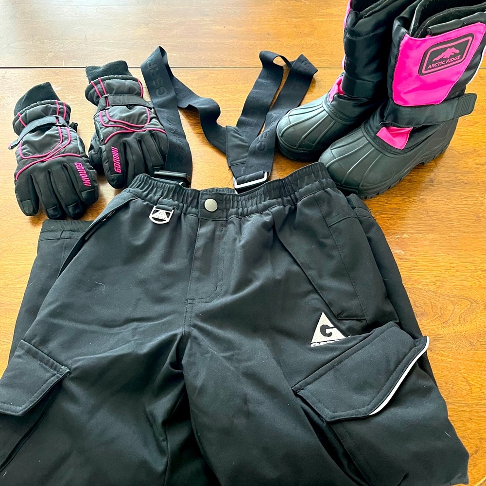 Kids Snow Ski Bundle. Size 7/8 bibs, size 13 boots, and small waterproof gloves.